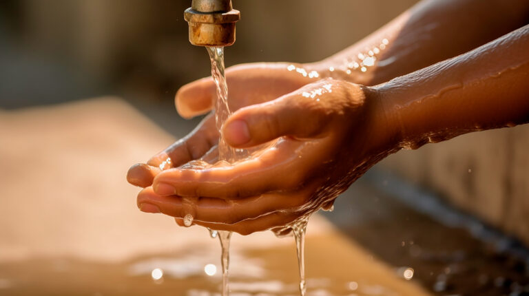 Hands of a black person under a water faucet. Concept of climate change, water scarcity, poverty, malnutrition. Generative AI